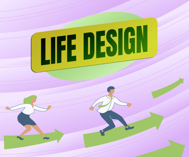 Sign displaying Life Design, Business concept balance how you live between work family and entertaining Arrows Guiding Two Collaborating Colleagues Towards Better Financial Plan - Photo, Image