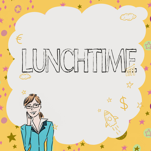 Conceptual display Lunchtime, Word Written on Meal in the middle of the day after breakfast and before dinner Illustration Of Lady Thinking Deeply Alone For New Amazing Tactical Ideas. - Photo, Image