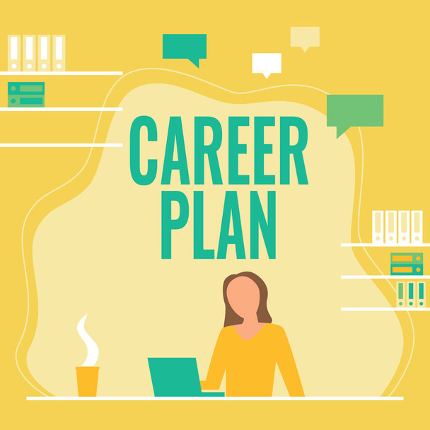 Handwriting text Career Plan, Word Written on ongoing process where you Explore your interests and abilities Woman Sitting On Desk Working And Presenting New Technologies. - Photo, Image