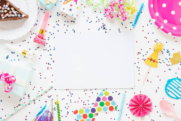 top view composition festive birthday items with empty card. High resolution photo - 写真・画像