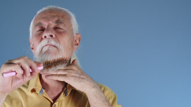 Old man combing his white beard  - Materiał filmowy, wideo