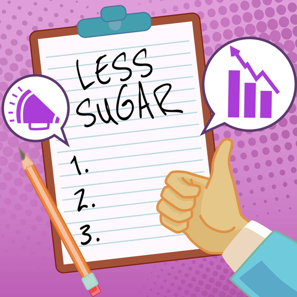 Inspiracja pokazując znak Mniej cukru, Słowo na mniejszą objętość słodyczy w każdym jedzeniu lub piciu, które jemy Kciuki ręce do góry Wyświetlanie nowych pomysłów. Dłonie niosące notatki przedstawiające plany - Zdjęcie, obraz
