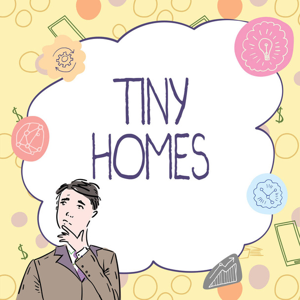 Teksti osoittaa inspiraatiota Tiny Homes, Business yleiskatsaus talot sisältävät yhden huoneen vain tai kaksi ja pieni sisäänkäynti Halvat Liikemies Innovatiivinen ajattelu Johtavat ideat kohti vakaata tulevaisuutta. - Valokuva, kuva