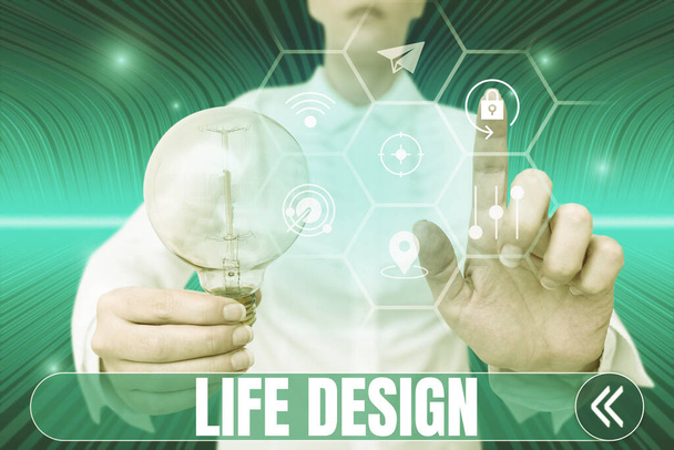 Text showing inspiration Life Design, Concept meaning balance how you live between work family and entertaining Lady holding light bulb pointing finger upwards symbolizing success. - Photo, Image