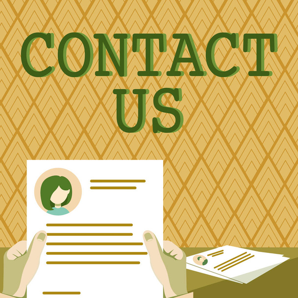 Text sign showing Contact Us, Business concept Group of person that rendering costumer service through telekom Hands Holding Resume Új karrier lehetőségek megnyitása. - Fotó, kép