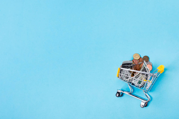 shopping cart filled with coins copy space background. High resolution photo - Photo, Image