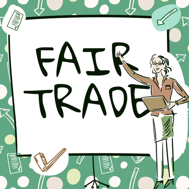 Konceptuální titulek Fair Trade, Konceptuální foto Malé zvýšení o výrobce, co platili producentovi Podnikatelka ležérní stojící prezentační grafy a nové nádherné nápady. - Fotografie, Obrázek