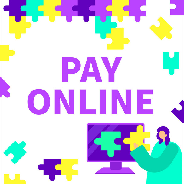 Κείμενο που δείχνει Pay Online, Word Γράφει για να αγοράσει προϊόντα ή υπηρεσίες χρησιμοποιώντας πιστωτική κάρτα σε οποιαδήποτε ιστοσελίδα Lady Holding παζλ κομμάτι που αντιπροσωπεύει καινοτόμες ιδέες επίλυσης προβλημάτων. - Φωτογραφία, εικόνα