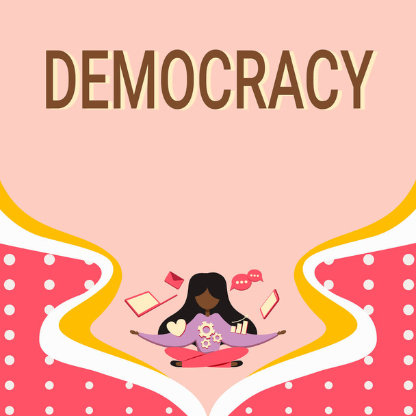Teksti merkki osoittaa demokratia, Business näyteikkuna vapaus osoittaa tunteitaan ja uskomuksiaan nainen ympäröi teknologiset laitteet esittelee tulevia edistysaskeleita. - Valokuva, kuva