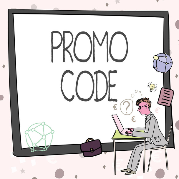 Tekstbord met Promo Code, Business overzicht digitale nummers die u een goede korting op bepaalde product Man werken op de computer die succesvolle zakelijke strategie creatie. - Foto, afbeelding