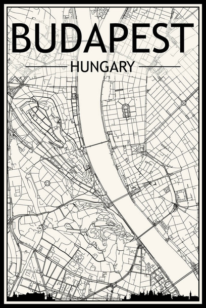Cartaz da cidade de impressão leve com horizonte panorâmico e rede de ruas desenhadas à mão no fundo bege vintage do centro da cidade BUDAPEST, HUNGARY - Vetor, Imagem