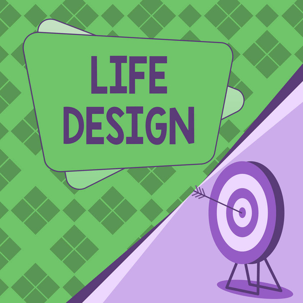 Szöveg felirat bemutatása Life Design, Üzleti ötlet egyensúlyt, hogyan él a munka család és szórakoztató cél Bullseye képviselő Sikeresen befejezett projekt. - Fotó, kép