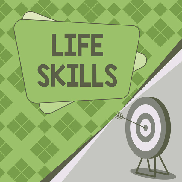 Zarejestruj wyświetlanie Life Skills, Business showcase, który jest niezbędny lub pożądany pełny udział w codziennym Target With Bullseye Reprezentowanie pomyślnie zakończony projekt. - Zdjęcie, obraz
