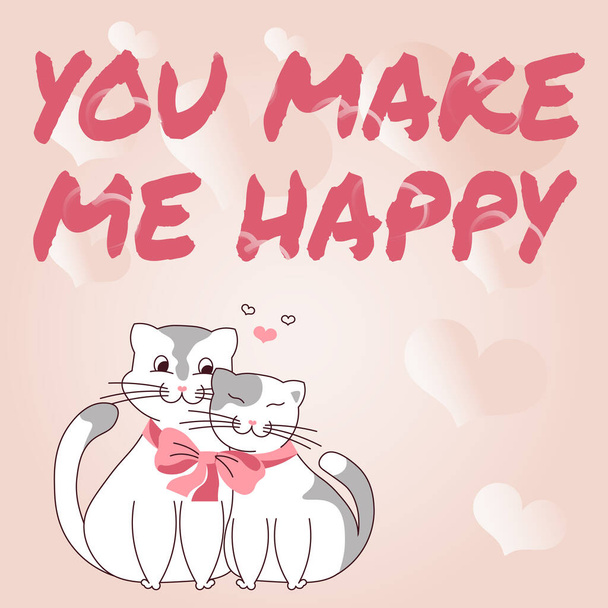 Pojęcie wyświetlacza MAKE ME HAPPY, Przegląd biznesu Uczucie szczęścia, gdy kochanek jest w pobliżu Koty związane razem z łukiem reprezentują namiętną parę z celami miłości. - Zdjęcie, obraz
