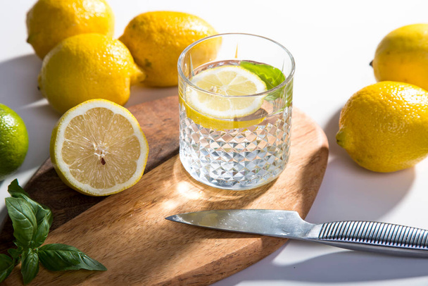The ingredients for lemonade are on the table: lemons, lime, mint, sugar. A glass and a decanter of a refreshing summer seasonal drink. Making a drink at home. - 写真・画像