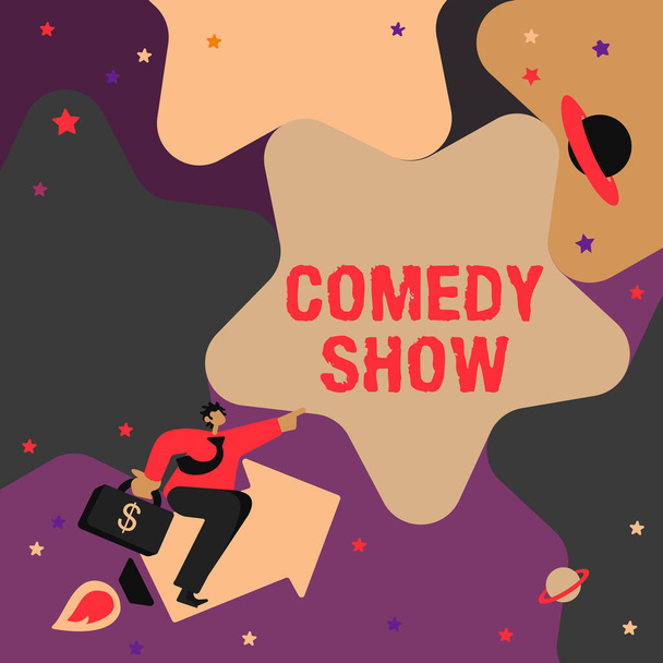 Handwriting text Comedy Show, Business approach Funny program Humorous Amusing medium of Entertainment Gentleman Pointing Finger Star Representing Financial Success. - Photo, Image