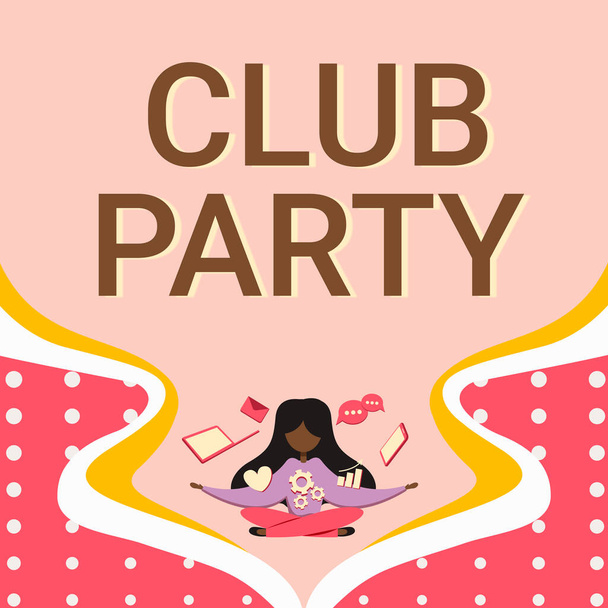 Käsitteellinen näyttö Club Party, Internet Concept sosiaalinen kokoontuminen paikassa, joka on epävirallinen ja voi olla juomia nainen ympäröi teknologiset laitteet esittelee tulevia edistysaskeleita. - Valokuva, kuva