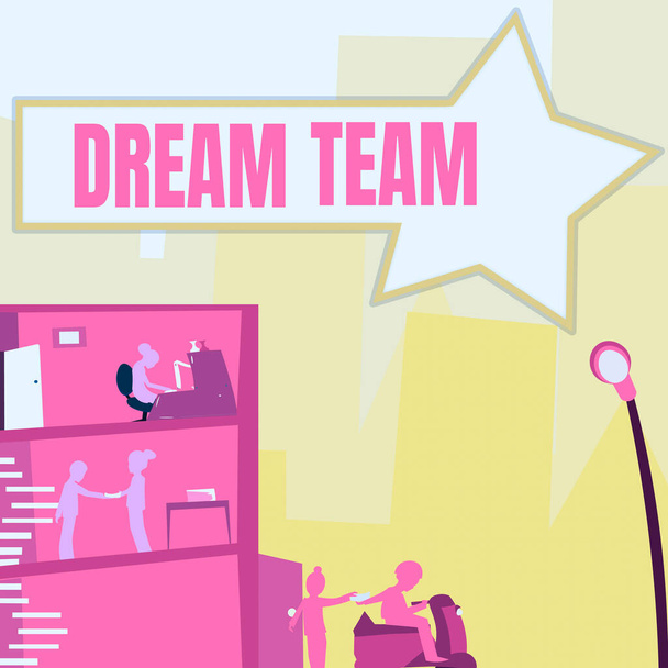 Inspiráló szöveg Dream Team, Word for preferált egység vagy csoport, amely a legjobbat hozza ki egy személy irodaházból felhőkarcolókkal Rajzolás Városi égbolt megjelenítése. - Fotó, kép