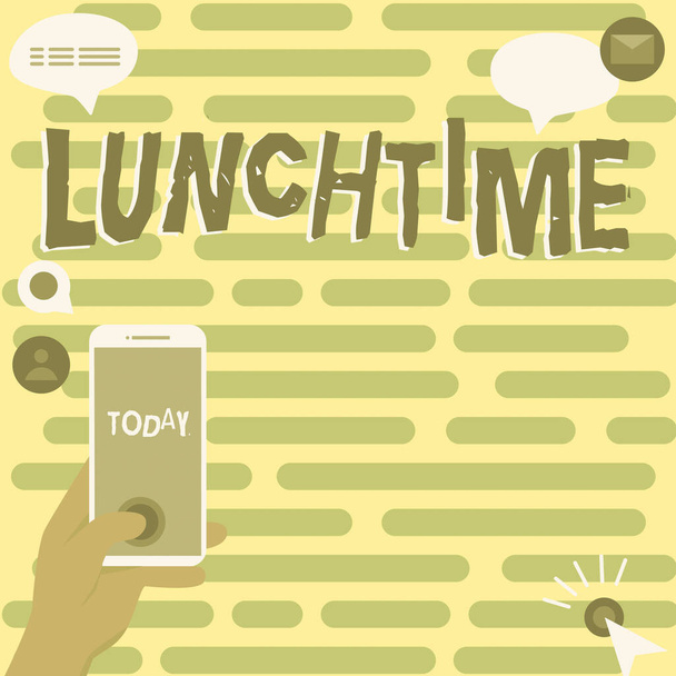Zarejestruj wyświetlanie Lunchtime, Word for Meal w środku dnia po śniadaniu i przed kolacją Hands Holding Technological Device Pressing Application Button. - Zdjęcie, obraz