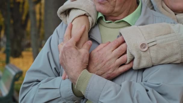 close-up bejaarde gerimpelde handen volwassen gepensioneerd paar getrouwd familie opa man strelen vrouw hand omarmen partner echtgenoten knuffelen tijd samen doorbrengen in de herfst park eenheid liefde ondersteunen - Video