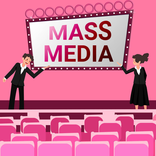 Konceptuális bemutató Mass Media, Conceptual photo Group bemutatja a nyilvánosságnak, hogy mi történik Férfi és női kollégák prezentációt tartanak a színpadon kézmozdulatokkal. - Fotó, kép