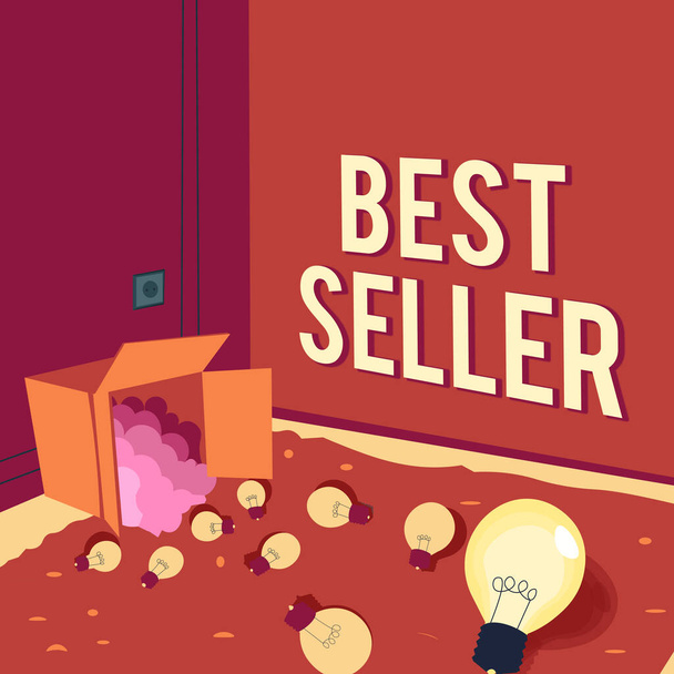 Conceptual caption Best Seller, Business approach book or other product that sells in very large numbers Light bulbs spilled out box symbolizing innovative thinking. - Photo, Image