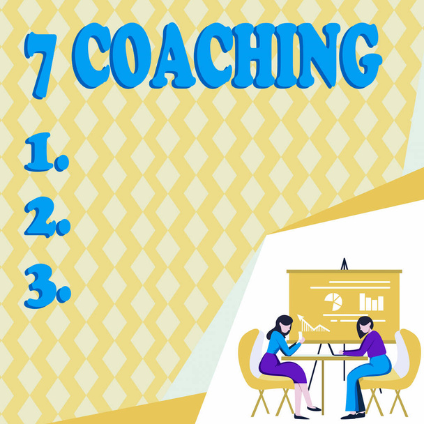 Sign displaying 7 Coaching, Business overview Refers to a number of figures regarding business to be succesful Colleagues Sitting On Desk With Laptop Papers Showing Graphs Conversation - Photo, Image