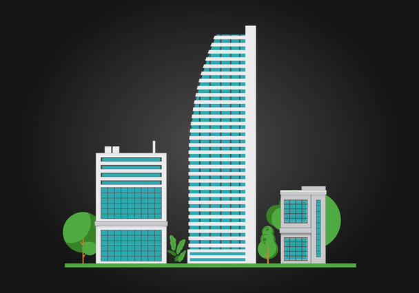 Company Building and Warehouse Building, Vector Illustration on Black Background with Trees and Bushes - Vektor, kép