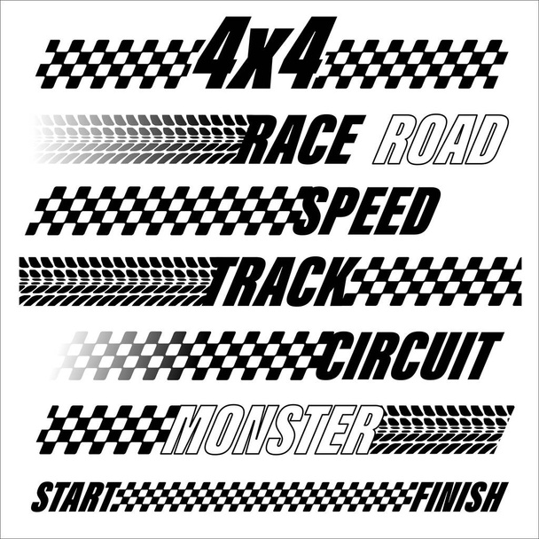 Различные черно-белые спортивные флаги силуэты для старта и финиша. Текст и дизайн логотипа со следами шин и флагами - Вектор,изображение