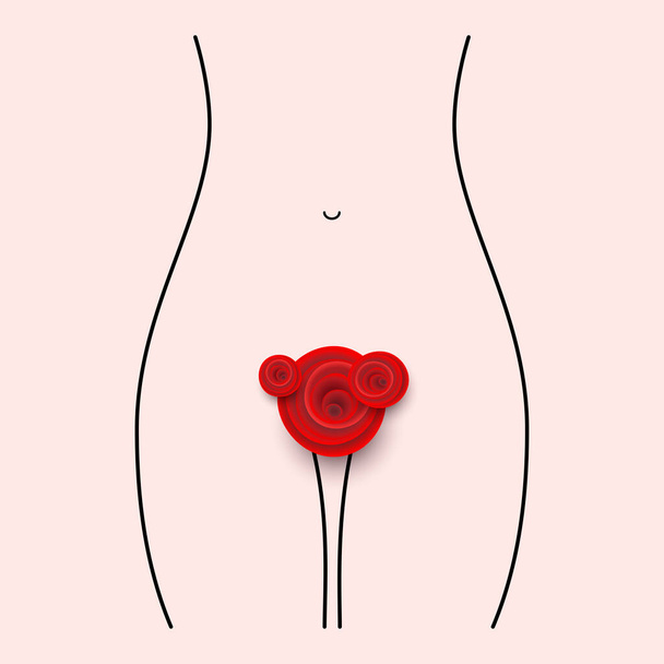Décrivez la partie abstraite du corps de la femme avec des fleurs roses rouges. Cycle menstruel temps douloureux. contour plat corps mince fille avec douleur à l'estomac et bouquette rouge - Vecteur, image