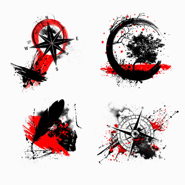 Набір з чотирьох чорнильних плям чорно-червоного татуювання. Різні елементи гранж
 - Вектор, зображення