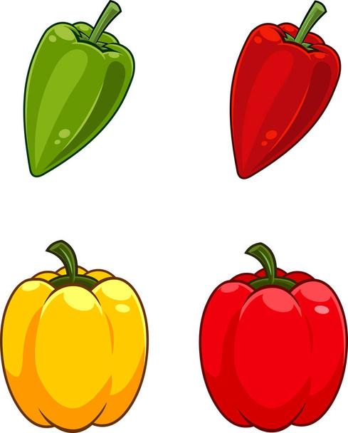 Cartoni animati peperoni cibo vegetale. Insieme di raccolta disegnato a mano vettoriale isolato su sfondo bianco - Vettoriali, immagini