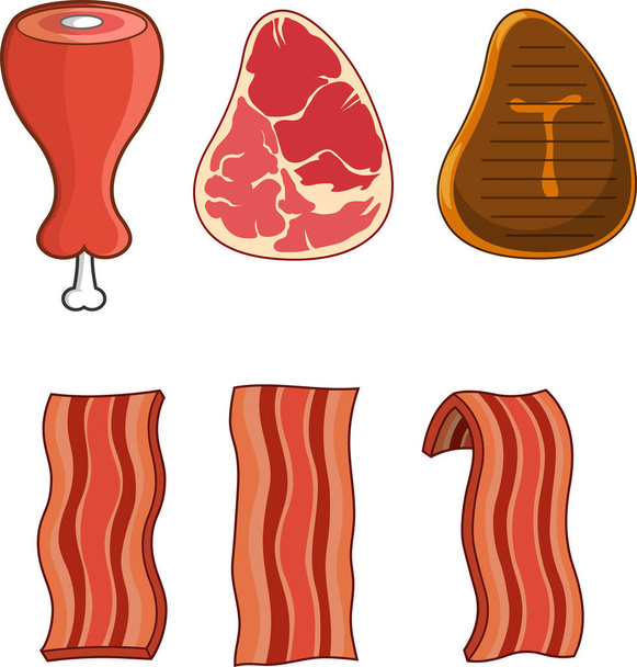 漫画の異なる肉。ベクトルハンドドローコレクションセット白の背景に隔離 - ベクター画像