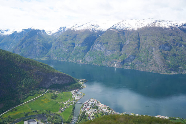 Stegastein Overlook 'dan Aurlandsfjord manzarası, Batı Norveç fiyortları, Norveç - Fotoğraf, Görsel