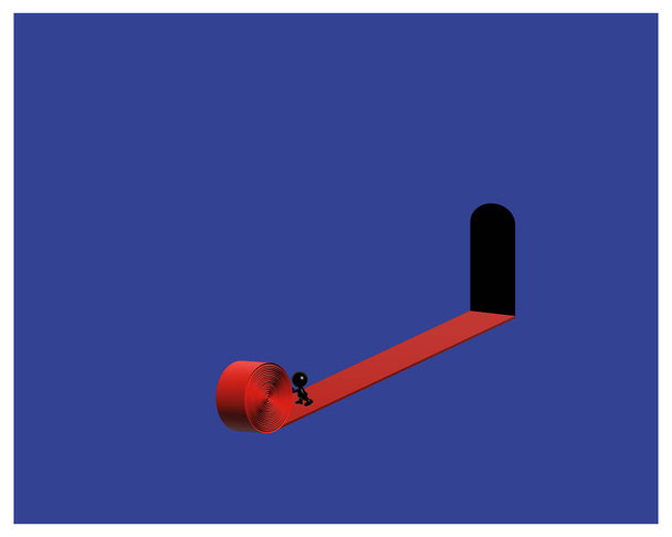 3D ilustrace malého muže rozbalujícího červený koberec vedoucí ke dveřím - Vektor, obrázek