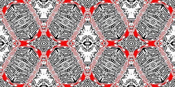 赤黒のシームレスアラベスクバンダナボーダーパターン。現代の男性ファッションネッカーチーフ幾何学的なスカーフエッジトリム。概要無限グラフィックテープバナー - 写真・画像