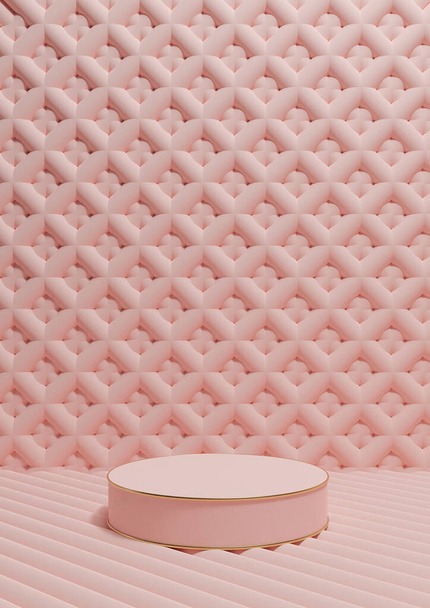 Pastelli, vaaleanpunainen, lohi vaaleanpunainen 3D tekee ylellinen tuote näyttää pystysuora tuote valokuvaus yksi sylinteri palkintokorokkeelle seistä kultainen viiva ja koriste tapetti tai tausta yksinkertainen, minimaalinen koostumus - Valokuva, kuva