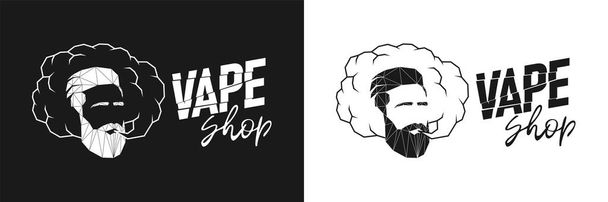 Vape shop多角形のロゴ。ヒップスターは気化煙雲を吐き出します。電子タバコ店のための線形抽象三角形のスタイルのロゴタイプ。電子タバコの蒸気販売人低ポリ記章設計。ベクトルエプス - ベクター画像