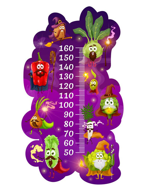 Crianças altura cartoon mágicos vegetais e medidor de crescimento feiticeiros. Vetor engraçado legumes pimentão, batata, couve-rábano e azeitona com alcachofra, rabanete e brócolis. Repolho chinês e cebola fada wiz - Vetor, Imagem