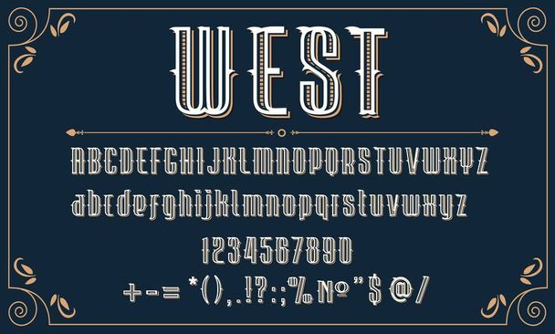 Δυτική ρετρό πρόσοψη, άγρια Δύση vintage τύπου αλφάβητο, διανυσματικά παλιά τυπογραφικά γράμματα. Δυτική γραμματοσειρά της άγριας δύσης αριθμούς γραμματοσειράς και πινακίδες σε στυλ cowboy σαλούν ή vintage steampunk τύπου - Διάνυσμα, εικόνα