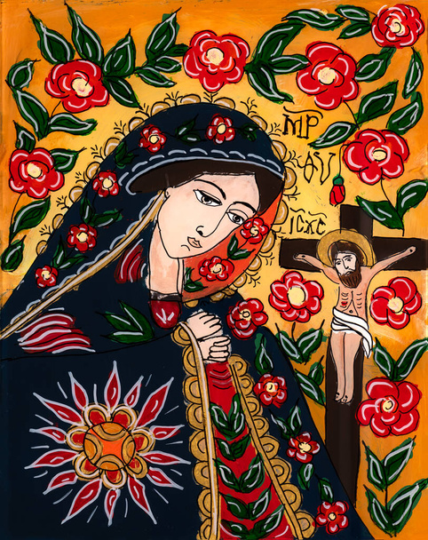 Ícone pintado em vidro reverso no ingênuo estilo ortodoxo da Europa Oriental retratando a Virgem Maria e Jesus na cruz. - Foto, Imagem