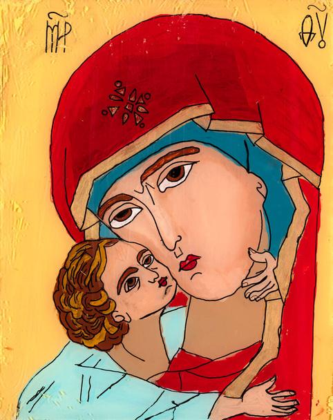 Doğu Avrupa 'nın saf ortodoks tarzında ters cama çizilen ikon, Meryem Ana ve bebek İsa' yı resmediyor.. - Fotoğraf, Görsel