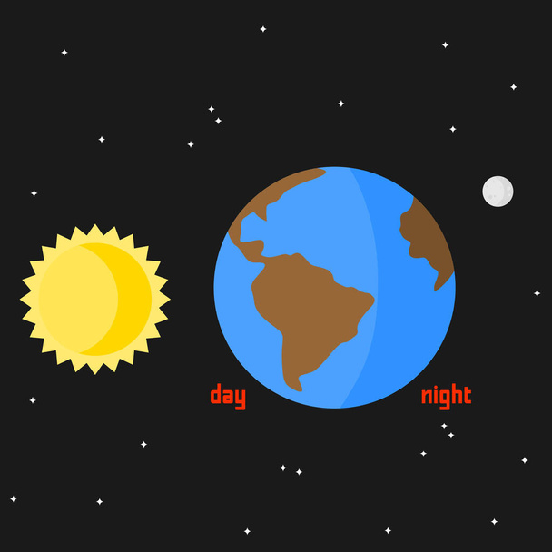 Día y noche vistos desde el espacio. Ilustración plana del planeta, el sol y la luna. - Vector, Imagen