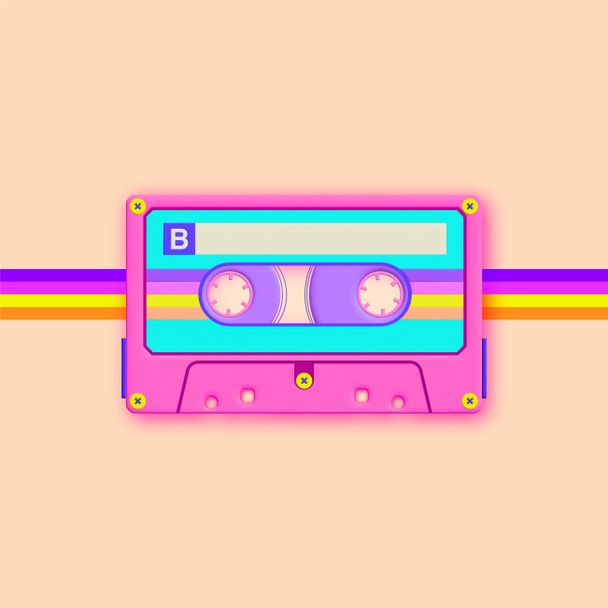 Illustration 3D de la cassette audio vintage néon 70s 80s 90s Vibe Nostalgie Rétro Futurisme - Photo, image