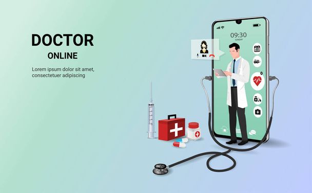 Doktor on-line na smartphone app s mužského lékaře stojící. On-line lékařská klinika, on-line lékařská konzultace, telemedicína. Online zdravotní péče a lékařská konzultace. Digitální koncept zdraví. 3D vektor - Vektor, obrázek