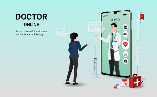 医師と患者とスマートフォンアプリ上の医師オンライン。オンライン医療クリニック、オンライン医療相談、テレメディシン。オンラインヘルスケアと医療相談。デジタルヘルスの概念。3Dベクトル - ベクター画像