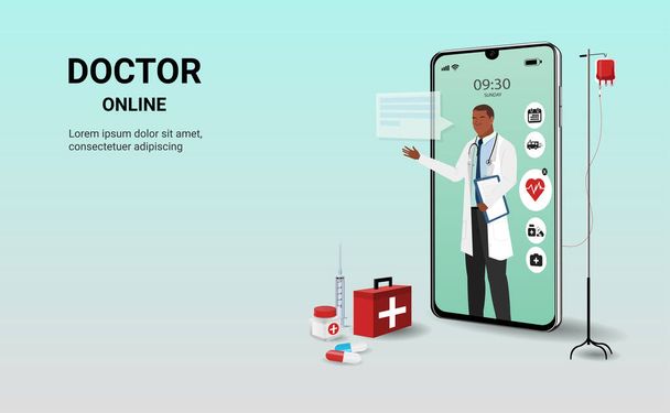 医師とスマートフォンアプリ上の医師オンライン。オンライン医療相談クリニック、テレメディシン。オンラインヘルスケアと医療相談。デジタルヘルスの概念。3Dベクトル - ベクター画像