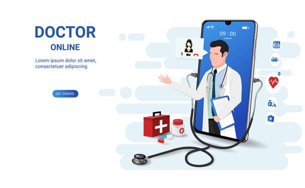 Γιατρός σε απευθείας σύνδεση σε εφαρμογή smartphone με αρσενικό γιατρό. Σε απευθείας σύνδεση ιατρική κλινική, σε απευθείας σύνδεση ιατρική διαβούλευση, τηλε-ιατρική. Ηλεκτρονική υγειονομική περίθαλψη και ιατρική γνωμάτευση. Κοινωνική απόσταση. 3D διάνυσμα - Διάνυσμα, εικόνα