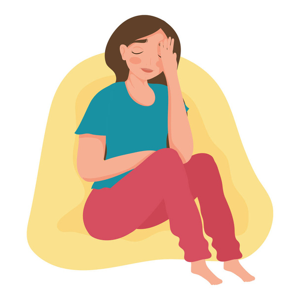 sad woman seated position character - Vector, Image