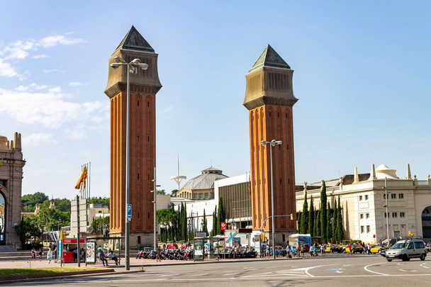 A cityscape view of Placa d'Espanya or Spain square, with the Venetian Towers. Travel concept - Valokuva, kuva